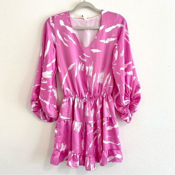 Satin Tyche Mystic Pink Chiffon Balloon Sleeve Dress Size S - Picture 1 of 10